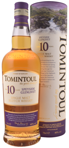 De Tomintoul 10 years is een exclusieve single malt whisky uit de Speyside en is gebotteld op 40%. De geur heeft tonen van toffee, rozijnen en een vleugje vanille.